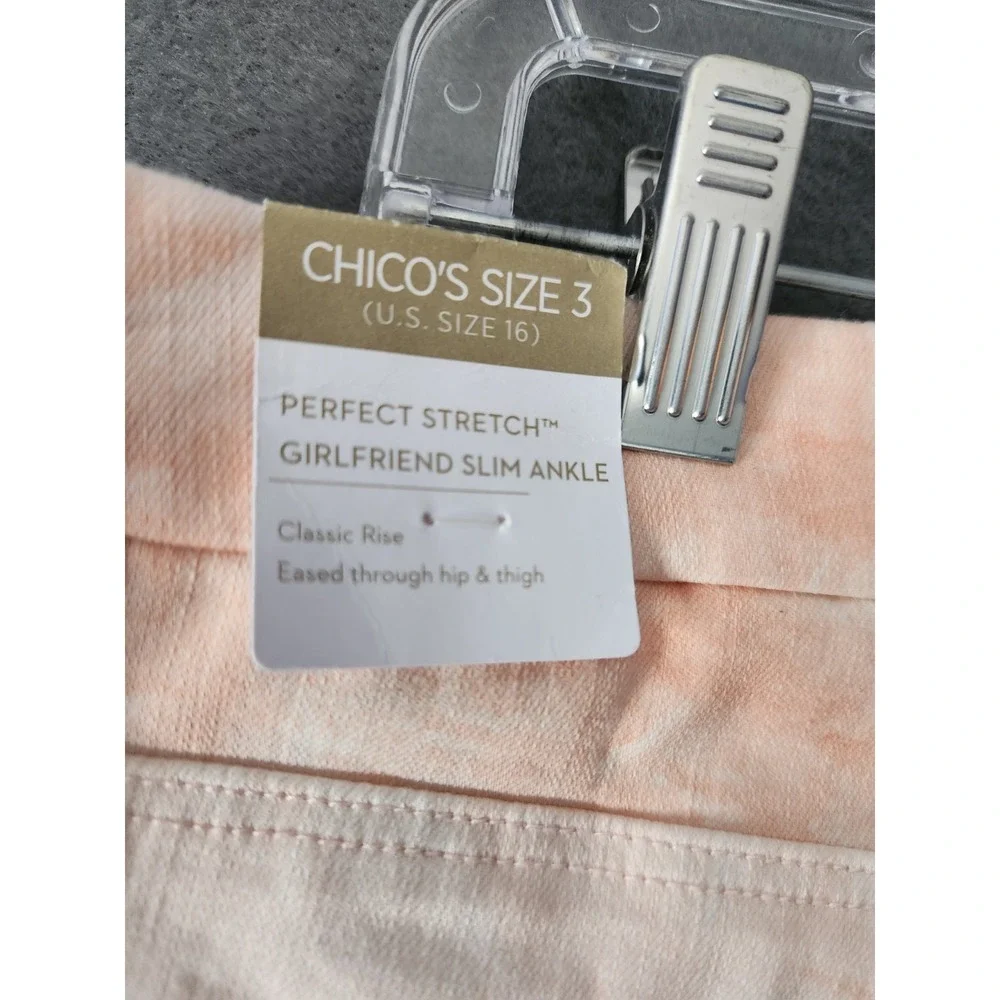 Chicos Perfect Stretch Girlfriend Slim Leg Ankle Peach White Tie Dye Jeans XL